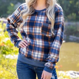 NWT Kori Soft Brushed Knit Top with Pocket - Navy, Orange, & White Plaid - Small